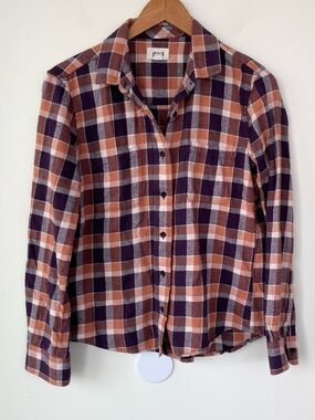 PACT Mila Purple Orange Plaid Button Down Flannel S Small Longsleeve Organic